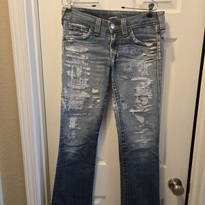 True Religion Light Blue Distressed Flare Jeans
